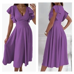 Purple Mock Wrap Bodice Short Ruffle Sleeves A-line Midi Dress